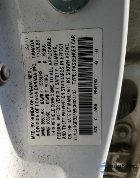 2012 Honda Civic Lx из США, поврежденный, VIN 2HGFB2F59CH324133